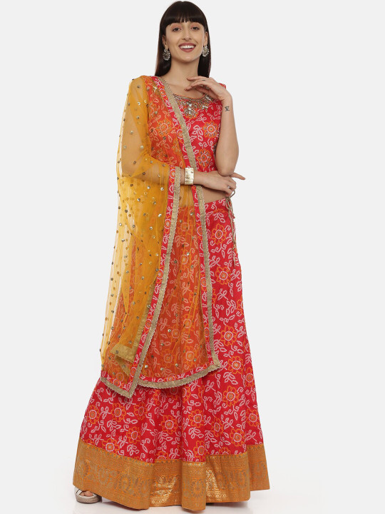 Red & Orange Embellished Ready to Wear Lehenga & Blouse with Dupatta