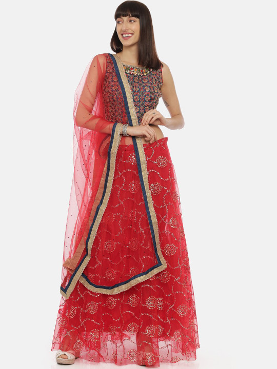 Blue & Red Floral Embroidered Ready to Wear Lehenga & Blouse with Dupatta