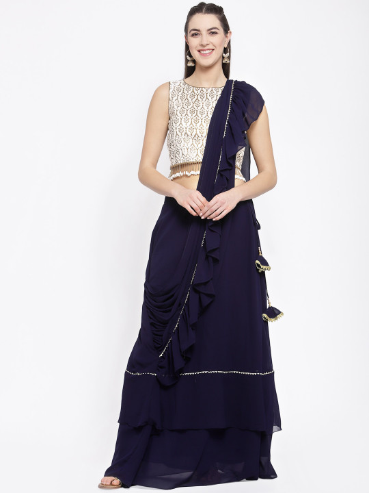 Navy Blue Semi-Stitched Lehenga & Blouse with Attached Dupatta
