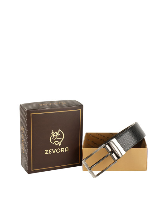 ZEVORA Men Black & Brown Textured Reversible Belt