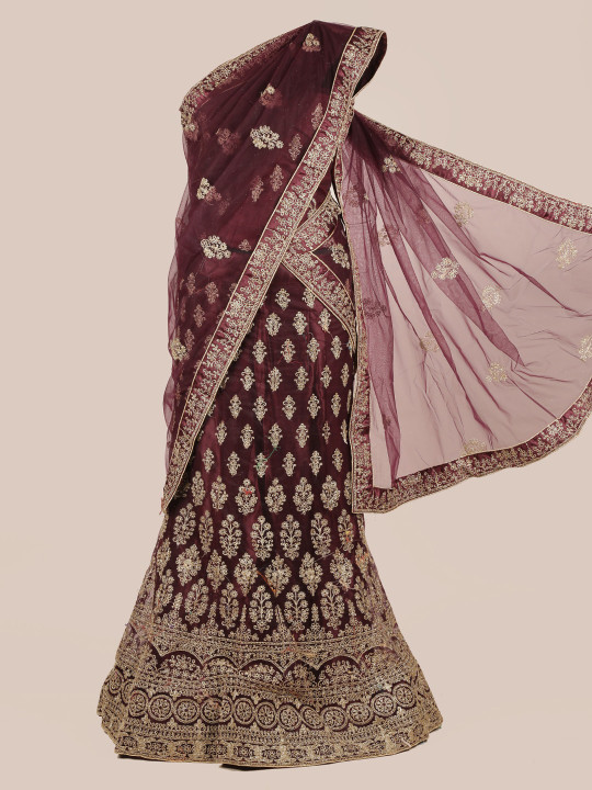 Maroon Woven Design Net Lehenga Half Saree