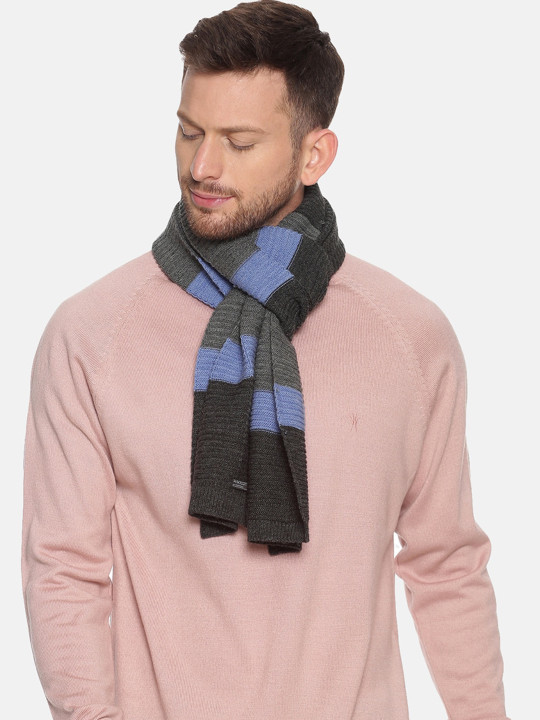 513 Men Charcoal Grey & Blue Woven Design Premium Quality Knitted Muffler