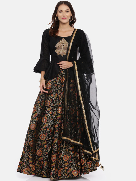 Black & Brown Embroidered Ready to Wear Lehenga & Blouse with Dupatta