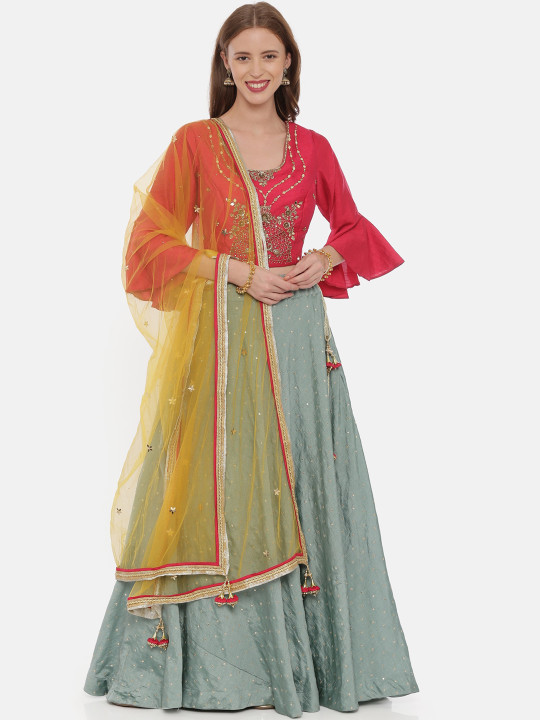 Red & Grey Embellished Ready to Wear Lehenga & Blouse with Dupatta