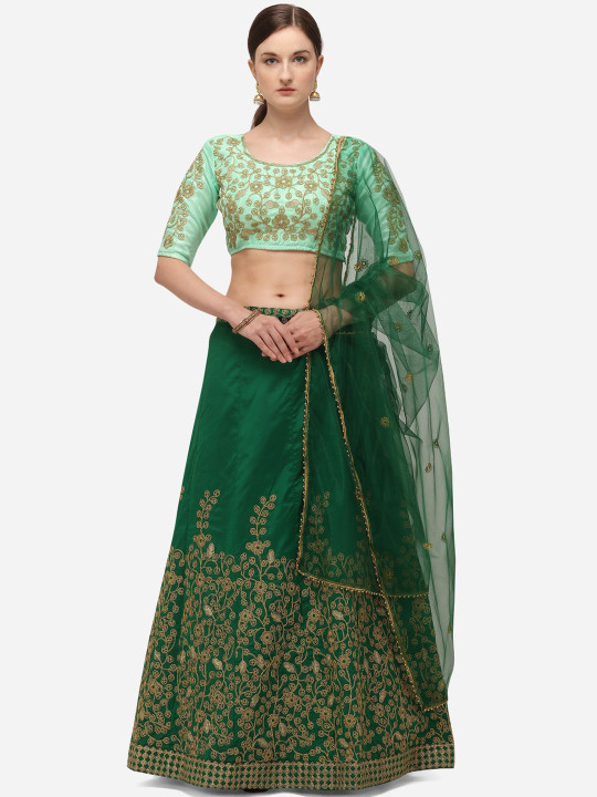 Green & Gold-Toned Embroidered Unstitched Lehenga & Blouse with Dupatta