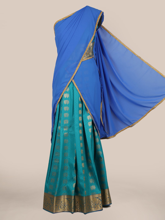 Blue & Gold-Toned Poly Chiffon Woven Design Traditional Half Saree
