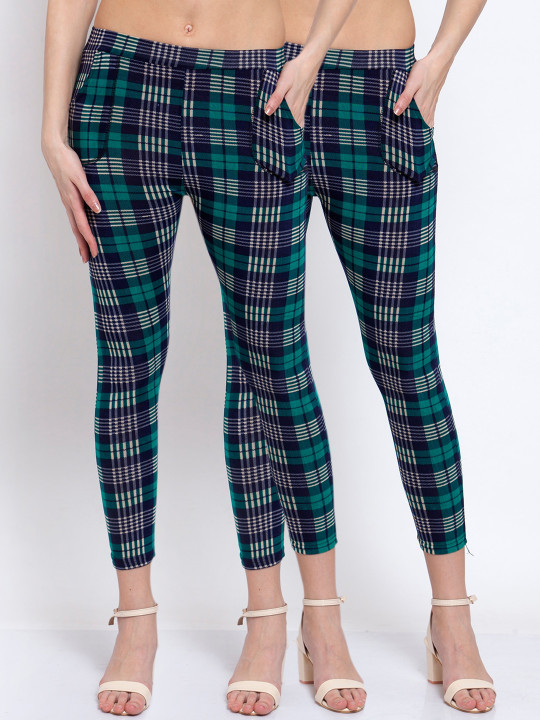 Women Pack Of 2 Green &amp; Navy Blue Checked Ankle-Length Leggings