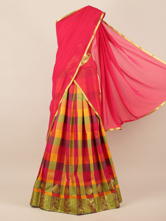 Pink & Yellow Poly Chiffon Checked Half Saree
