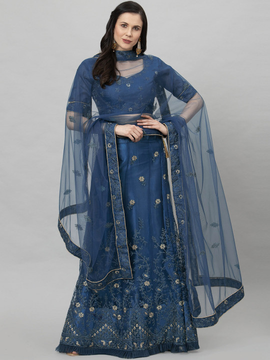 Blue Semi-Stitched Lehenga & Blouse with Dupatta