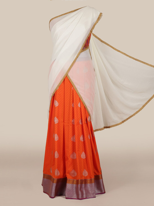 White & Orange Poly Chiffon Woven Design Lehenga Half Saree