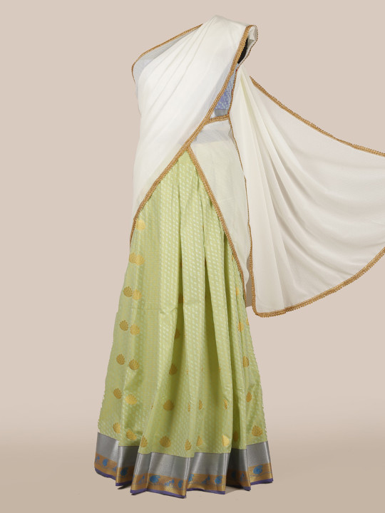 White & Green Poly Chiffon Woven Design Half Saree
