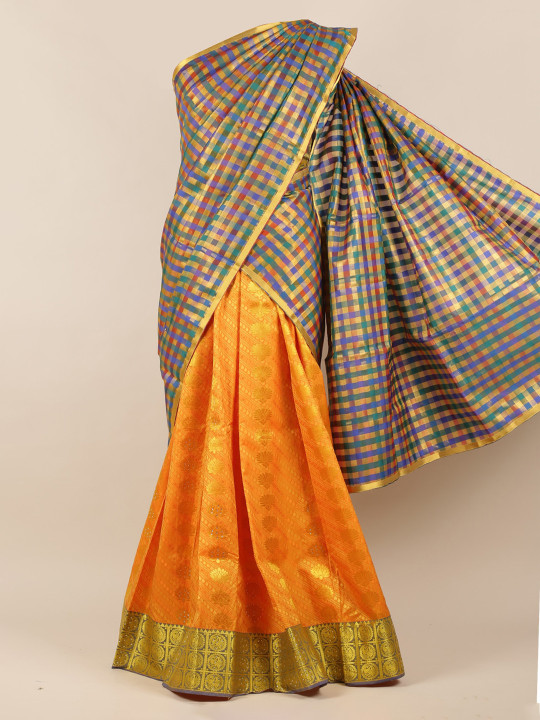 Blue & Gold-Toned Tissue Checked Traditional Half Saree