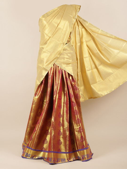 Cream-Coloured & Maroon Tissue Woven Design Traditional Half Saree