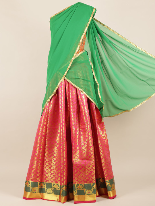Green & Pink Poly Chiffon Woven Design Half Saree