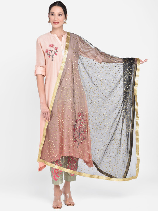 Dupatta Bazaar Black & Gold-Toned Embroidered Dupatta