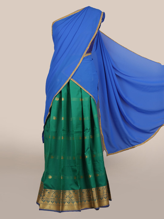 Blue & Green Poly Chiffon Woven Design Lehenga Half Saree