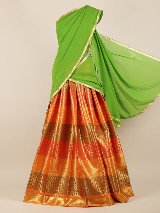Green & Orange Poly Chiffon Woven Design Half Saree
