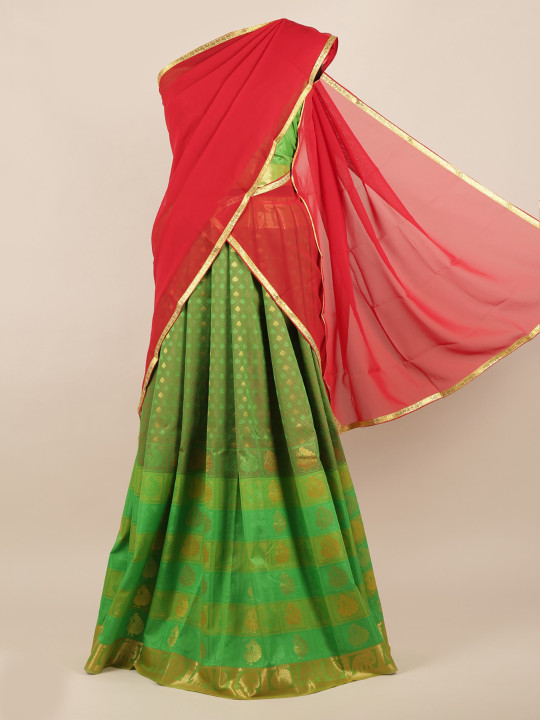 Maroon & Green Poly Chiffon Woven Design Half Saree