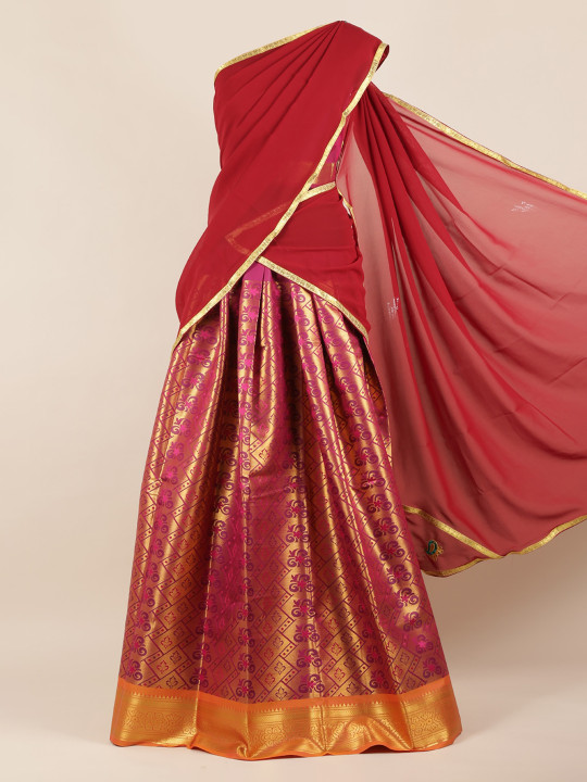 Maroon & Gold-Toned Poly Chiffon Woven Design Half Saree