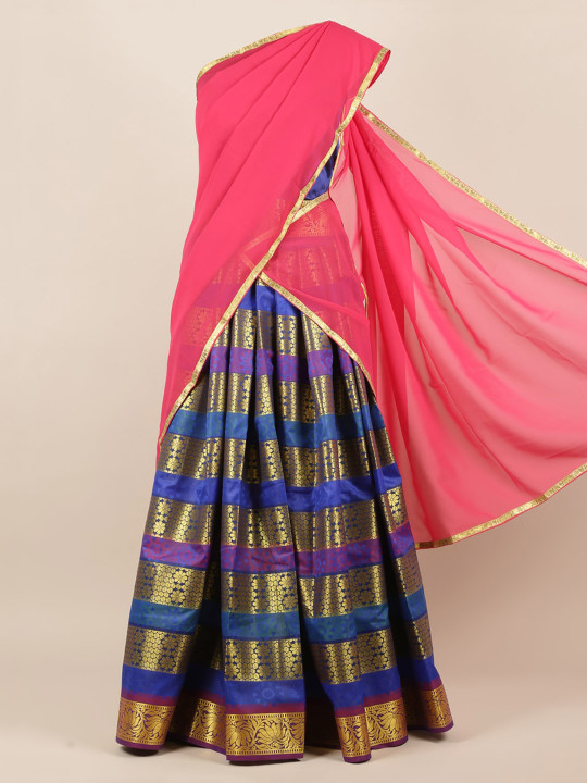 Pink & Blue Poly Chiffon Woven Design Half Saree