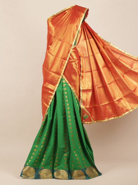 Orange & Green Tissue Woven Design Half Saree