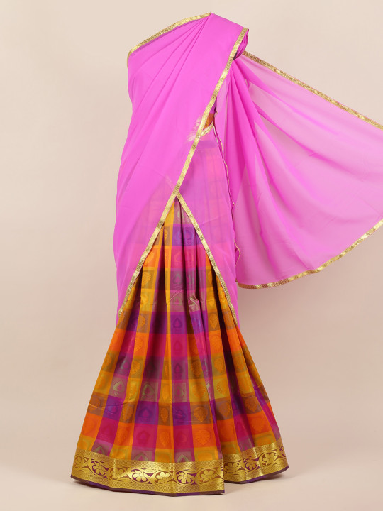 Lavender & Maroon Poly Chiffon Woven Design Half Saree