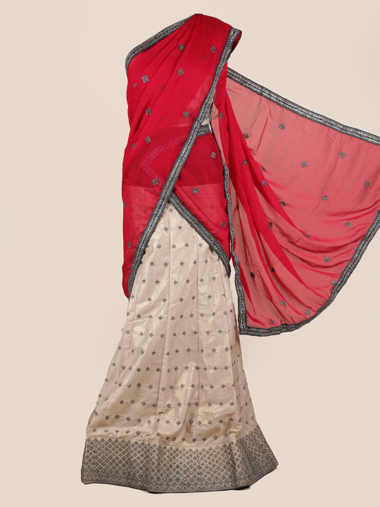Red Woven Design Poly Chiffon Half Saree