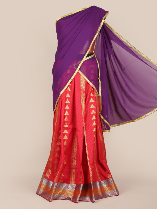 Purple & Red Poly Chiffon Woven Design Half Saree