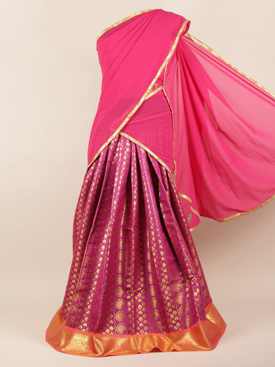 Pink Woven Design Poly Chiffon Lehenga Half Saree