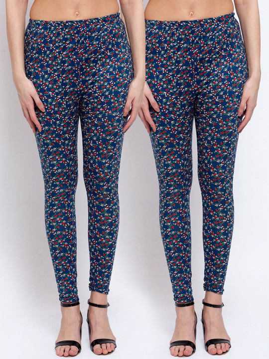 Women Pack Of 2 Navy Blue &amp; White Printed Ankle-Length Leggings