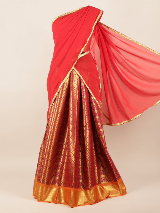 Red & Gold-Toned Poly Chiffon Woven Design Half Saree