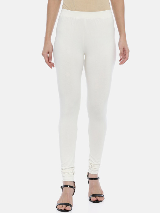 Women White Solid Churidar-Length Leggings
