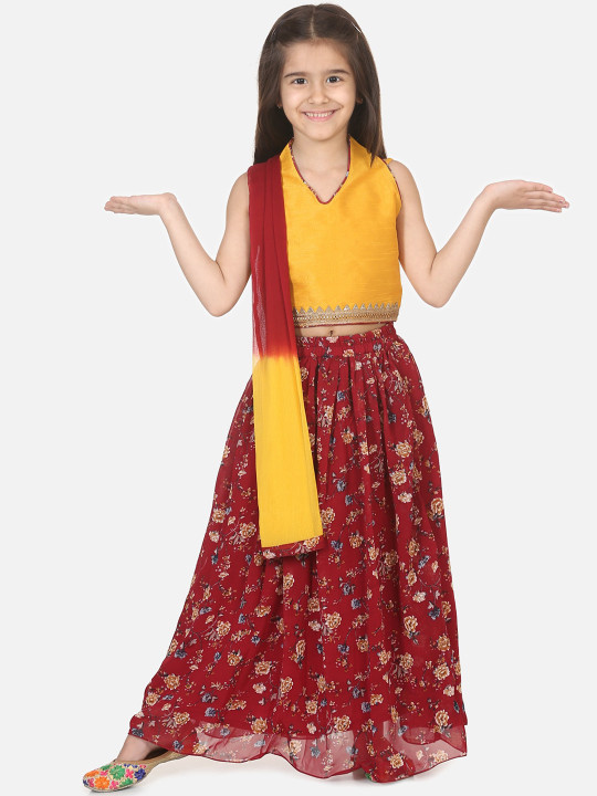 Girls Maroon & Yellow Embellished Ready to Wear Lehenga & Blouse with Dupatta
