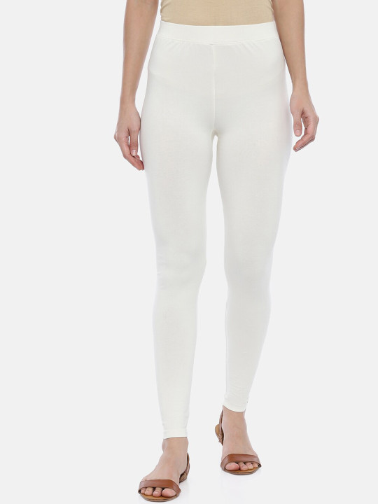 Women Cream-Coloured Solid Ankle-Length Leggings