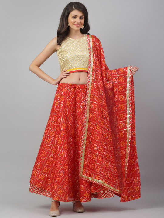Red & Gold-Toned Embroidered Ready to Wear Lehenga & Blouse with Dupatta