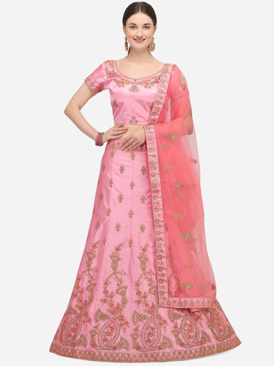 Pink & Beige Embroidered Semi-Stitched Lehenga & Unstitched Blouse with Dupatta