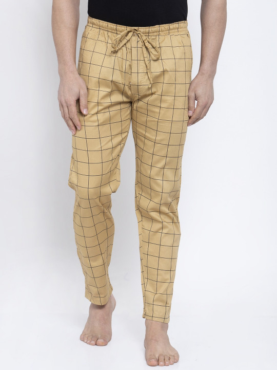 JAINISH Men Beige & Black Checked Lounge Pants