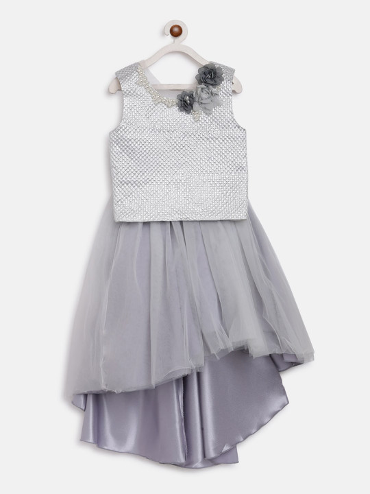 Butterfly Blush Girls Grey & Silver-Toned Embellished Top with Skirt