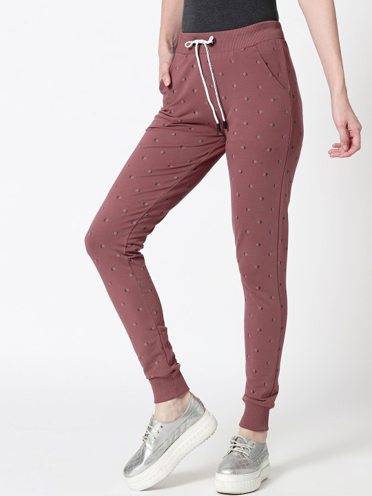 Zeyo Women Mauve & White Printed Slim-Fit Joggers