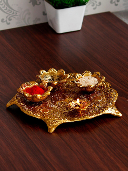 Artisyn Golden Swastik Designer with Bowls And Diya Metal Pooja Thali