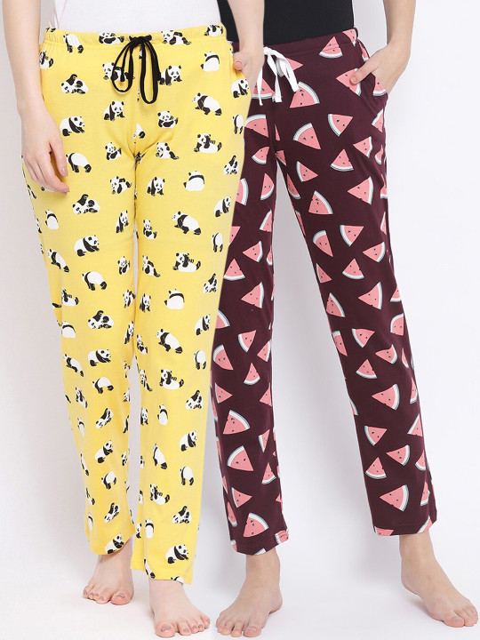 Kanvin Women Pack of 2 Printed Pure Cotton Lounge Pants