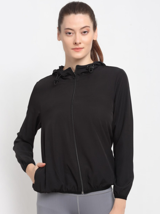 PERFKT-U Women Black Lightweight Antimicrobial Hooded Running Jacket