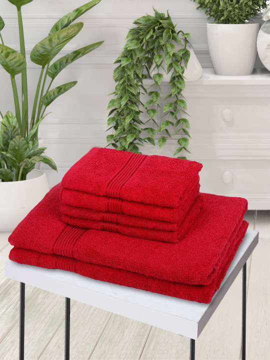 KOPA Set Of 6 Red Solid 380 GSM Cotton Towel Set