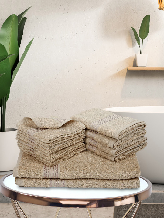 KOPA Unisex Set Of 14 Taupe Solid 380 GSM Pure Cotton Super-Soft Terry Towels