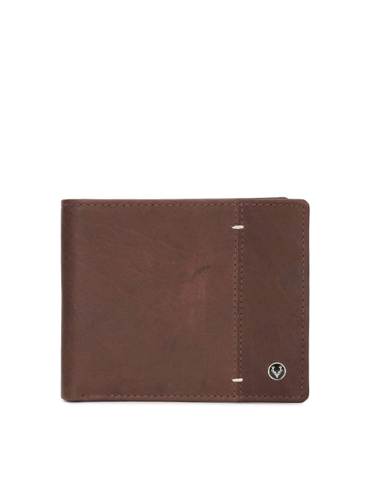men brown solid leather two fold wallet