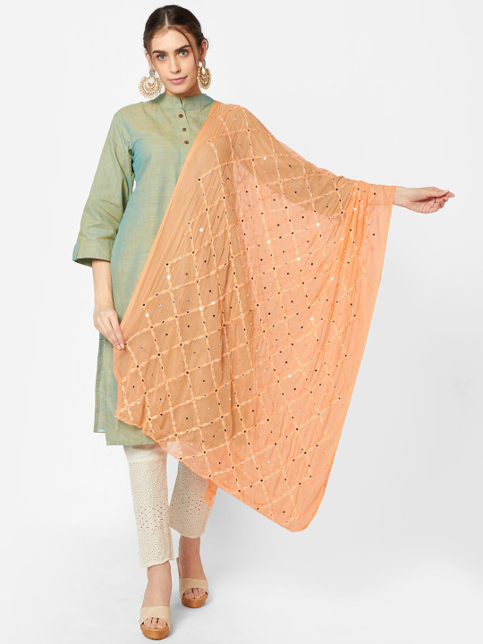 Dupatta Bazaar Peach Ethnic Motifs Embroidered Dupatta with Mirror Work