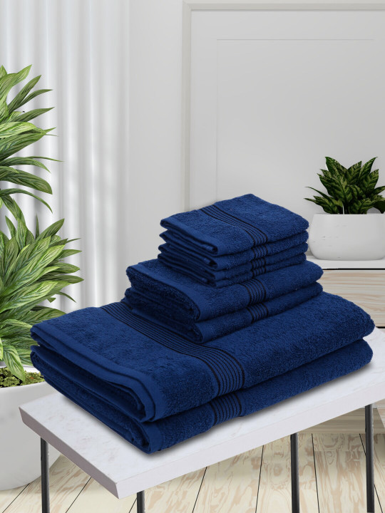 KOPA Set Of 8 Navy Blue Solid Pure Cotton 380 GSM Super-Soft Terry Towel Set