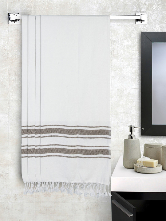 KLOTTHE Set Of 4 White & Brown Striped 233 GSM Cotton Bath Towels