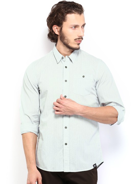 Men White & Green Striped Casual Shirt 38
