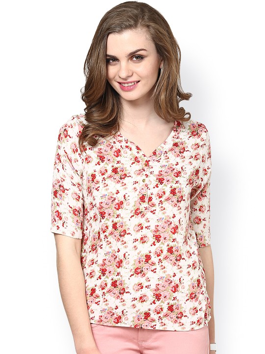 Cream-Coloured Polyester Crepe Printed Top XS